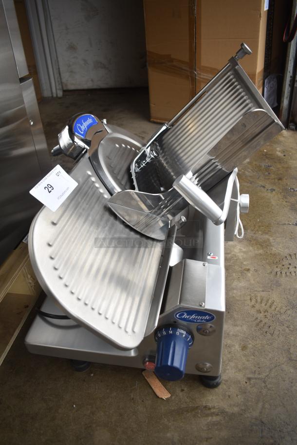 BRAND NEW SCRATCH AND DENT! Globe Chefmate GC 512 Stainless Steel Commercial Countertop 12" Manual Gravity Feed Slicer w/ Blade Sharpener. 115 Volts, 1 Phase. Tested and Working! - Image 4 of 8