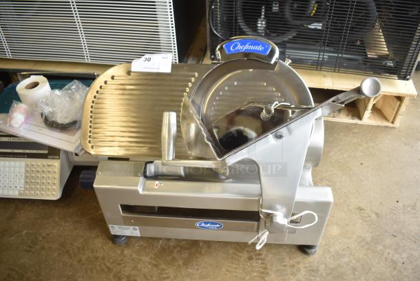 BRAND NEW SCRATCH AND DENT! Globe Chefmate GC 512 Stainless Steel Commercial Countertop 12" Manual Gravity Feed Slicer w/ Blade Sharpener. 115 Volts, 1 Phase. Tested and Working! - Image 1 of 8