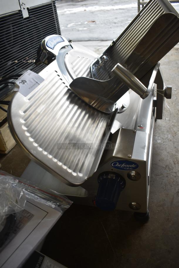 BRAND NEW SCRATCH AND DENT! Globe Chefmate GC 512 Stainless Steel Commercial Countertop 12" Manual Gravity Feed Slicer w/ Blade Sharpener. 115 Volts, 1 Phase. Tested and Working! - Image 3 of 8