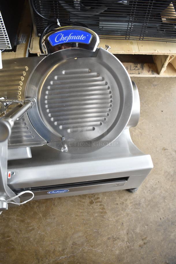 BRAND NEW SCRATCH AND DENT! Globe Chefmate GC 512 Stainless Steel Commercial Countertop 12" Manual Gravity Feed Slicer w/ Blade Sharpener. 115 Volts, 1 Phase. Tested and Working! - Image 4 of 8
