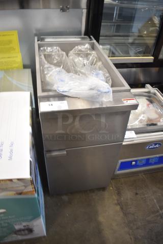 BRAND NEW SCRATCH AND DENT! 2021 Globe GFF50G Stainless Steel Commercial Floor Style Natural Gas Powered Deep Fat Fryer w/ 2 Metal Fry Baskets. 120,000 BTU.