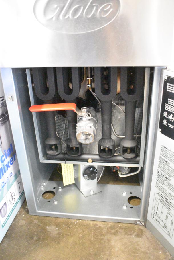 BRAND NEW SCRATCH AND DENT! 2021 Globe GFF50G Stainless Steel Commercial Floor Style Natural Gas Powered Deep Fat Fryer w/ 2 Metal Fry Baskets. 120,000 BTU. - Image 6 of 7