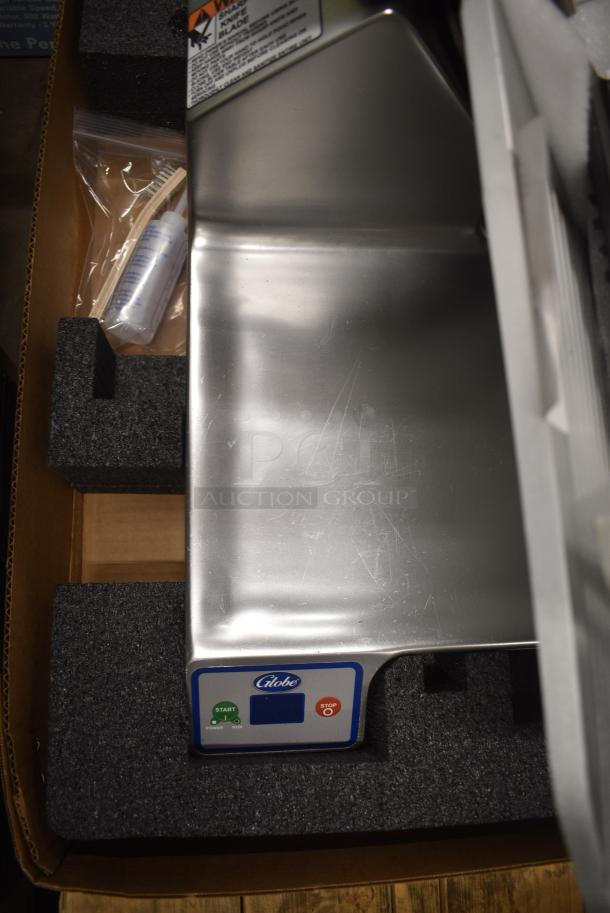 BRAND NEW SCRATCH AND DENT! 2021 Globe SG13-84 Stainless Steel Commercial Countertop Heavy-Duty Advanced Manual Meat Slicer w/ Blade Sharpener. 110 Volts, 1 Phase. Tested and Working! - Image 7 of 8