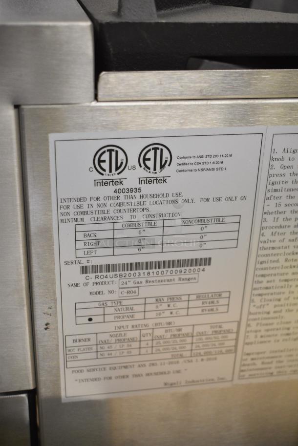BRAND NEW SCRATCH AND DENT! Migali C-RO4 Stainless Steel Commercial Propane Gas Powered 4 Burner Range w/ Oven. Serial C-RO4USB200318100700920004. - Image 10 of 10