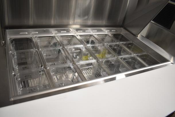 BRAND NEW SCRATCH AND DENT! Qingdao TSSU-48T Stainless Steel Commercial Sandwich Salad Prep Table Mega Top Bain Marie on Commercial Casters. 115 Volts, 1 Phase. Serial ST2300201TS48M22A001. Tested and Working! - Image 3 of 7