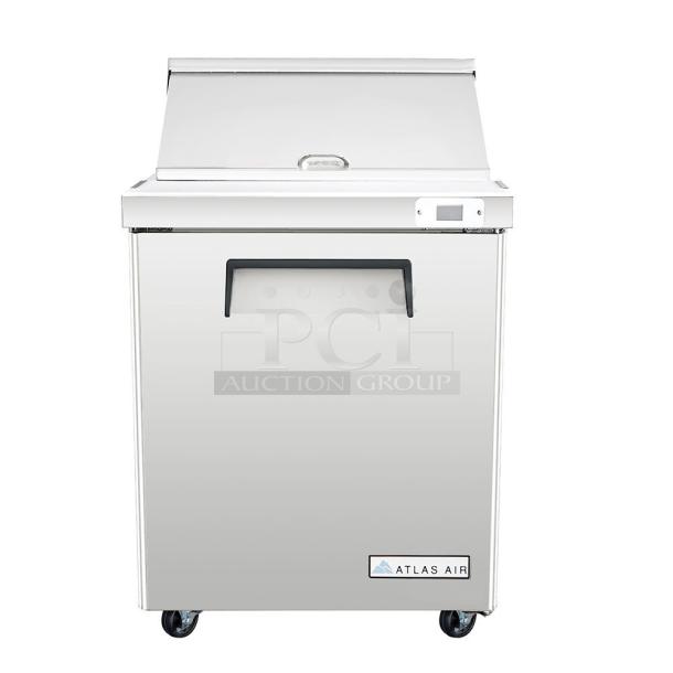 BRAND NEW SCRATCH AND DENT! Atlas Air ASP29M Stainless Steel Commercial Sandwich Salad Prep Table Mega Top Bain Marie on Commercial Casters. 115 Volts, 1 Phase. Serial T3770223XASP29M237001. Tested and Working! - Image 1 of 8