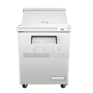BRAND NEW SCRATCH AND DENT! Atlas Air ASP29M Stainless Steel Commercial Sandwich Salad Prep Table Mega Top Bain Marie on Commercial Casters. 115 Volts, 1 Phase. Serial T3770223XASP29M237001. Tested and Working!
