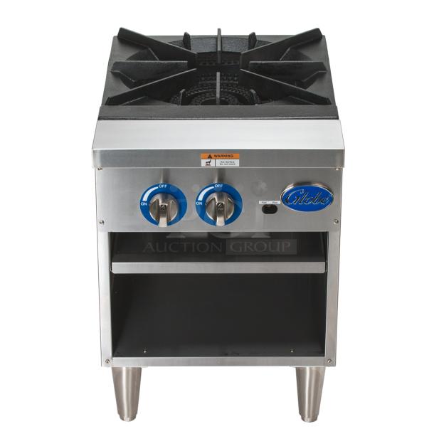 BRAND NEW SCRATCH AND DENT! Globe GSP18G Stainless Steel Countertop Gas Powered Single Burner Stock Pot Range. - Image 1 of 3