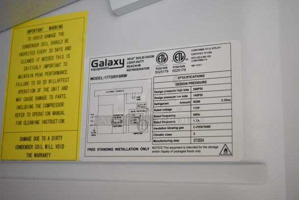 BRAND NEW SCRATCH AND DENT! Galaxy 177GRI18RW Metal Single Door Reach In Cooler. 115 Volts, 1 Phase. Tested and Working! - Image 4 of 4
