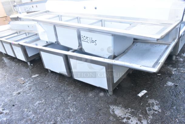BRAND NEW SCRATCH AND DENT! Regency 600s22424218 98" 16 Gauge Stainless Steel Two Compartment Commercial Sink with  2 Drainboards - 24" x 24" x 14" Bowls. No Legs. - Image 2 of 5