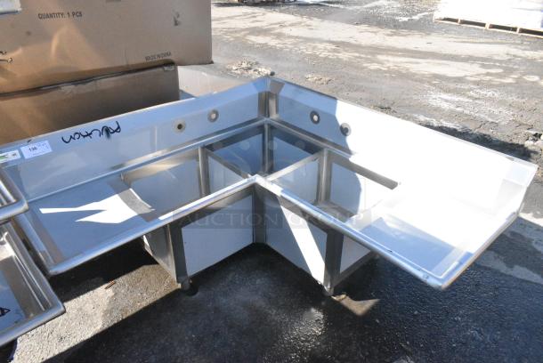 BRAND NEW SCRATCH AND DENT! Regency 600S3181818C Stainless Steel L Shaped 3 Bay Sink w/ Dual Drain Boards. No Legs. - Image 1 of 7