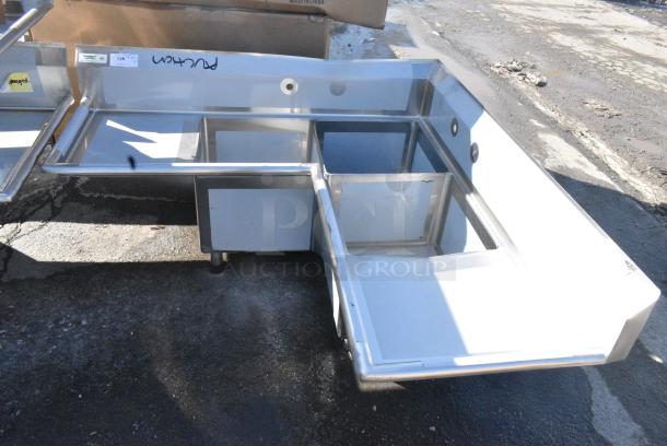 BRAND NEW SCRATCH AND DENT! Regency 600S3181818C Stainless Steel L Shaped 3 Bay Sink w/ Dual Drain Boards. No Legs. - Image 2 of 7