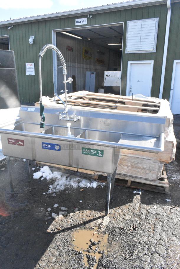 Stainless Steel 3 Bay Sink w/ Right Side Drain Boards w/ Faucet, Handles and Spray Nozzle Attachment. - Image 1 of 8