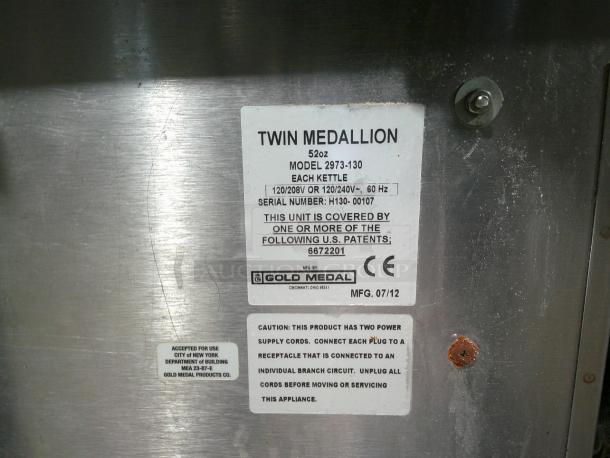 WOW BEAUTIFUL CONDITION Twin Medallion 2973-00-111 52-OZ. Commercial Popcorn Popper Machine! Double Kettle Movie Theater Popcorn Machine On Casters! With LED Popcorn Sign! WORKING WHEN REMOVED! - Image 12 of 13