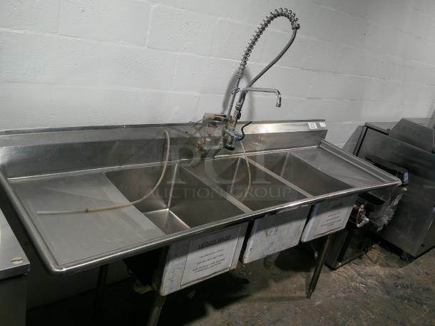 NICE Stainless Steel Large Three Bay Sink! With Faucet & Spray Nozzle! - Image 1 of 3