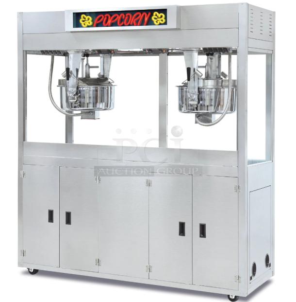 WOW BEAUTIFUL CONDITION Twin Medallion 2973-00-111 52-OZ. Commercial Popcorn Popper Machine! Double Kettle Movie Theater Popcorn Machine On Casters! With LED Popcorn Sign! WORKING WHEN REMOVED! - Image 1 of 13