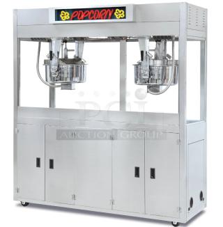 WOW BEAUTIFUL CONDITION Twin Medallion 2973-00-111 52-OZ. Commercial Popcorn Popper Machine! Double Kettle Movie Theater Popcorn Machine On Casters! With LED Popcorn Sign! WORKING WHEN REMOVED!