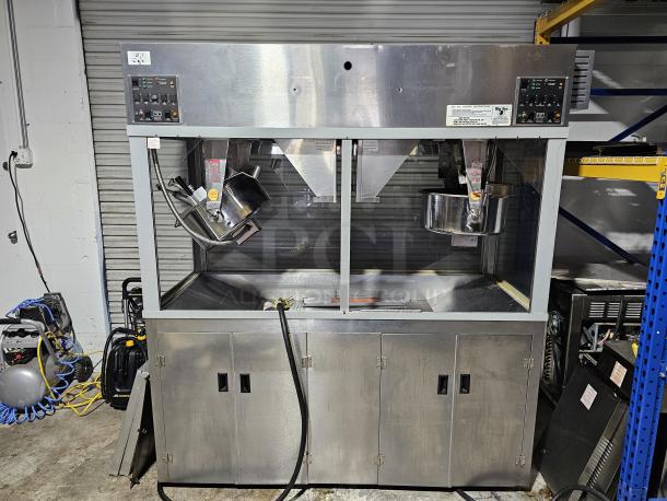 WOW BEAUTIFUL CONDITION Twin Medallion 2973-00-111 52-OZ. Commercial Popcorn Popper Machine! Double Kettle Movie Theater Popcorn Machine On Casters! With LED Popcorn Sign! WORKING WHEN REMOVED! - Image 3 of 13