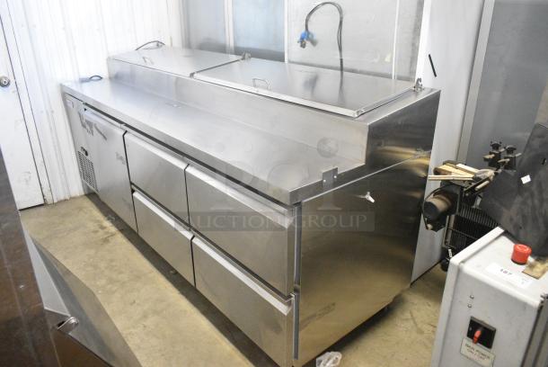 BRAND NEW SCRATCH AND DENT! 2024 Avantco 178SSPPT3 Stainless Steel Commercial 94" 3 Door Refrigerated Pizza Prep Table w/ 4 Drawers and 1 Door on Commercial Casters. 115 Volts, 1 Phase. Tested and Working! - Image 1 of 14