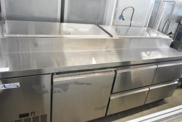BRAND NEW SCRATCH AND DENT! 2024 Avantco 178SSPPT3 Stainless Steel Commercial 94" 3 Door Refrigerated Pizza Prep Table w/ 4 Drawers and 1 Door on Commercial Casters. 115 Volts, 1 Phase. Tested and Working! - Image 2 of 14