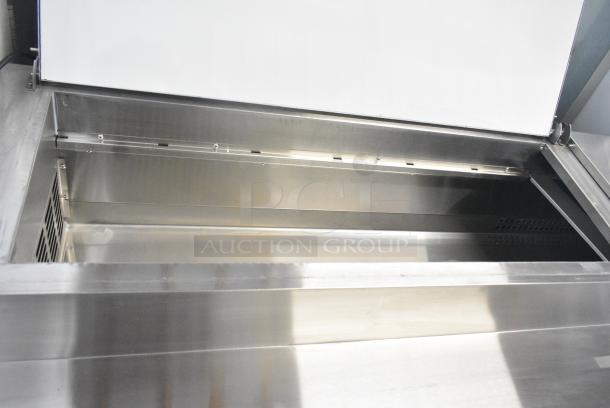 BRAND NEW SCRATCH AND DENT! 2024 Avantco 178SSPPT3 Stainless Steel Commercial 94" 3 Door Refrigerated Pizza Prep Table w/ 4 Drawers and 1 Door on Commercial Casters. 115 Volts, 1 Phase. Tested and Working! - Image 5 of 14
