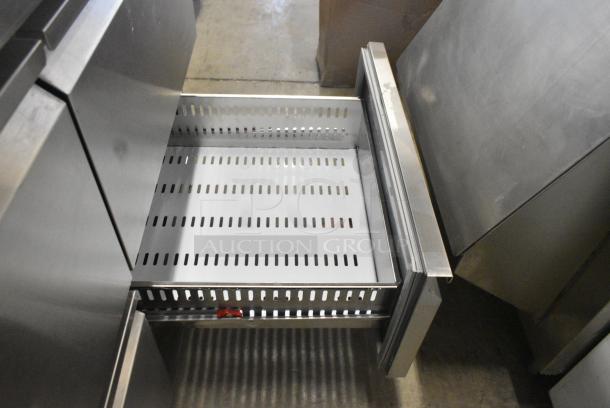 BRAND NEW SCRATCH AND DENT! 2024 Avantco 178SSPPT3 Stainless Steel Commercial 94" 3 Door Refrigerated Pizza Prep Table w/ 4 Drawers and 1 Door on Commercial Casters. 115 Volts, 1 Phase. Tested and Working! - Image 10 of 14