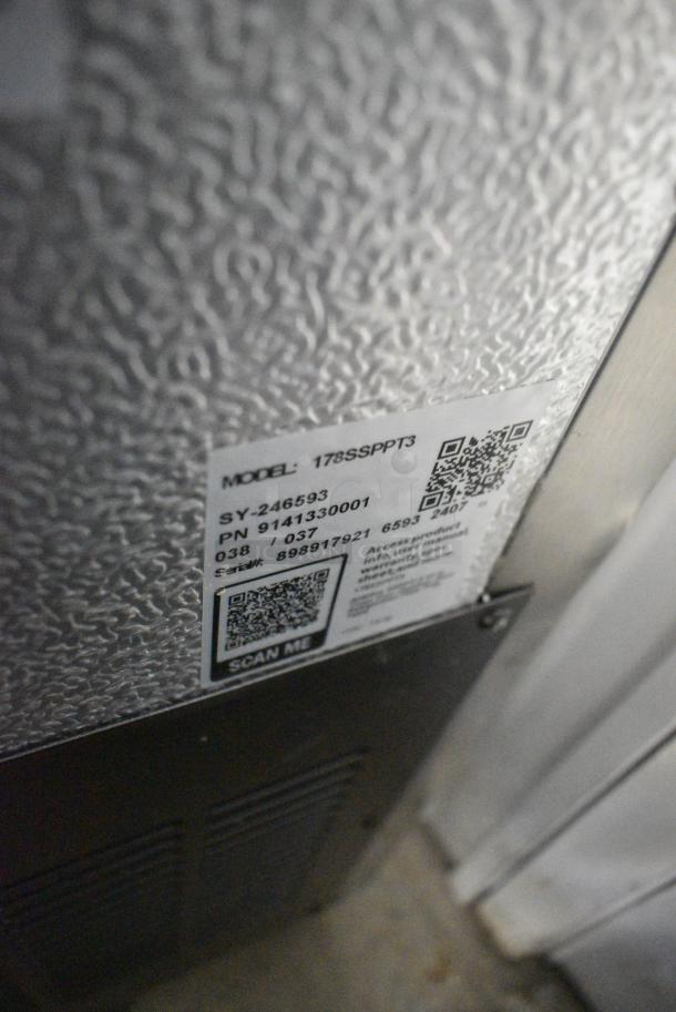 BRAND NEW SCRATCH AND DENT! 2024 Avantco 178SSPPT3 Stainless Steel Commercial 94" 3 Door Refrigerated Pizza Prep Table w/ 4 Drawers and 1 Door on Commercial Casters. 115 Volts, 1 Phase. Tested and Working! - Image 14 of 14