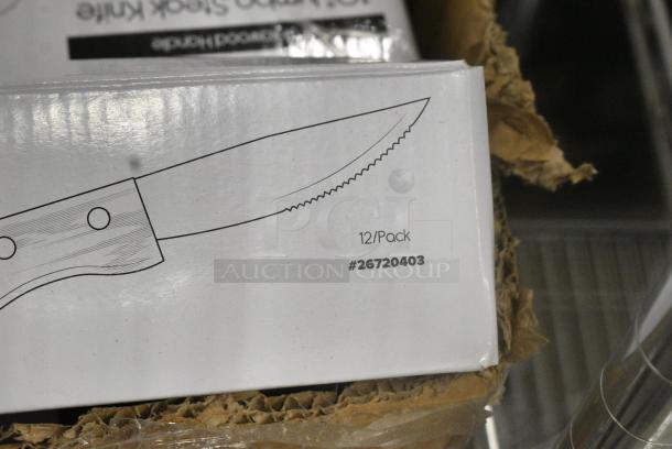 BRAND NEW SCRATCH AND DENT! 10 Boxes of 12 Acopa 26720403  4 7/8" Steak Knife with Jumbo Cherry Finish Pakkawood Handle - Image 3 of 3