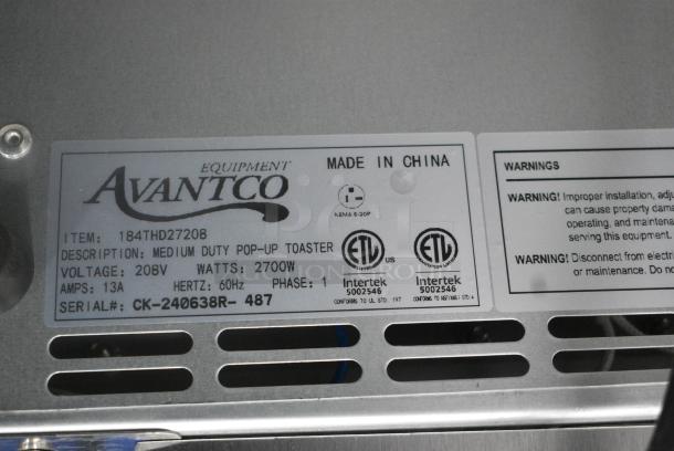 BRAND NEW SCRATCH AND DENT! 2024 Avantco 184THD27208 THD27240 Medium-Duty Bread/Bagel Switch 4-Slice Commercial Toaster with Wide 1 1/2" Slots - 240 Volts, 1 Phase. - Image 8 of 8