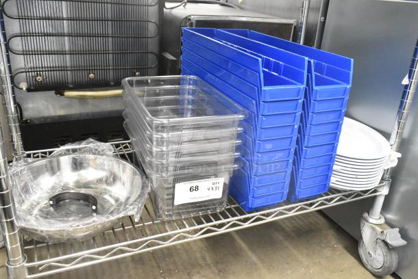 BRAND NEW SCRATCH AND DENT! Lot of 37 Various Items Including Blue Poly Bins, Clear Poly Bins, White Oval Plates and Metal Bowl - Image 1 of 5