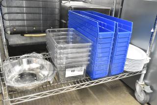 BRAND NEW SCRATCH AND DENT! Lot of 37 Various Items Including Blue Poly Bins, Clear Poly Bins, White Oval Plates and Metal Bowl