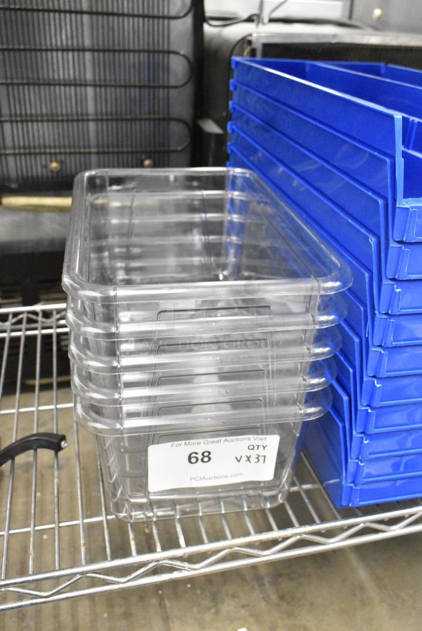 BRAND NEW SCRATCH AND DENT! Lot of 37 Various Items Including Blue Poly Bins, Clear Poly Bins, White Oval Plates and Metal Bowl - Image 3 of 5
