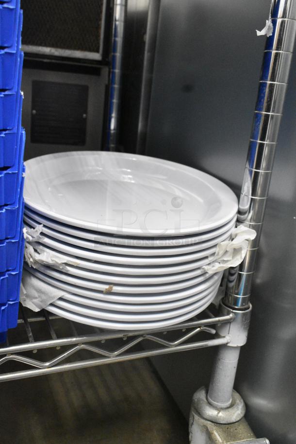 BRAND NEW SCRATCH AND DENT! Lot of 37 Various Items Including Blue Poly Bins, Clear Poly Bins, White Oval Plates and Metal Bowl - Image 5 of 5
