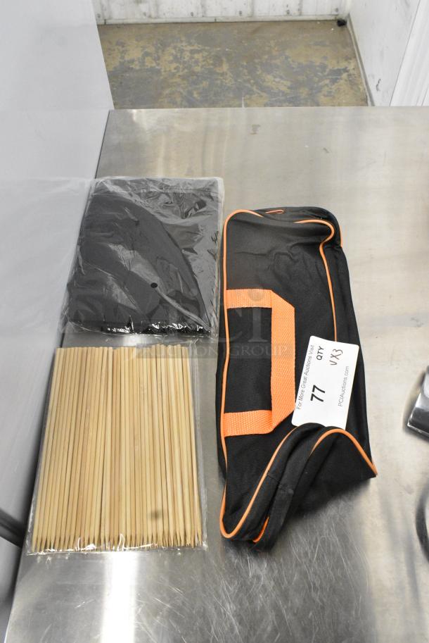 BRAND NEW SCRATCH AND DENT! Lot of 3 Various Items Including Black Bag and Skewers - Image 1 of 4