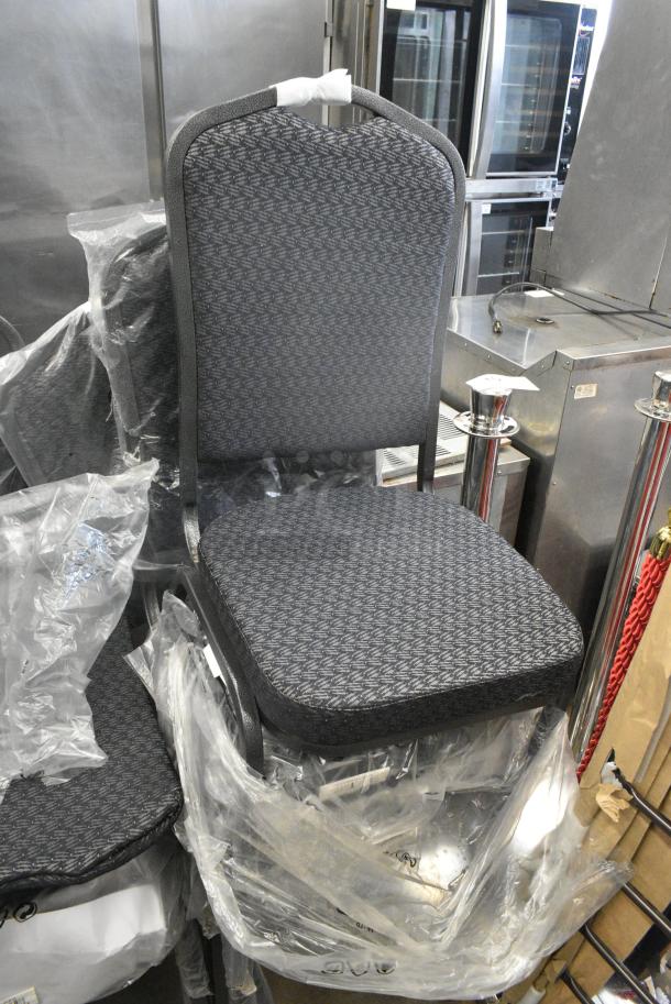 8 BRAND NEW SCRATCH AND DENT! Lancaster Table & Seating 164BNQCRBK Black Pattern Fabric Crown Back Stackable Banquet Chair with Silver Vein Frame. 8 Times Your Bid! - Image 2 of 3