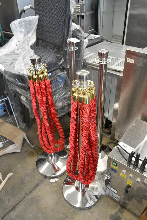 4 BRAND NEW SCRATCH AND DENT! Chrome Finish Stanchion w/ Red Rope. 4 Times Your Bid! - Image 1 of 3
