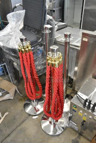 4 BRAND NEW SCRATCH AND DENT! Chrome Finish Stanchion w/ Red Rope. 4 Times Your Bid!