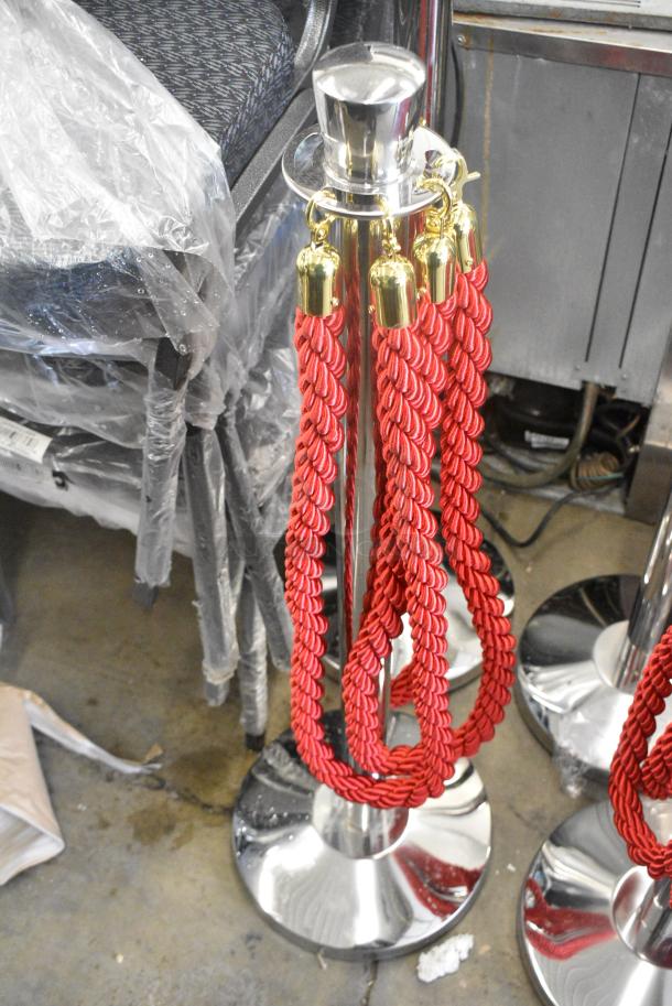 4 BRAND NEW SCRATCH AND DENT! Chrome Finish Stanchion w/ Red Rope. 4 Times Your Bid! - Image 2 of 3