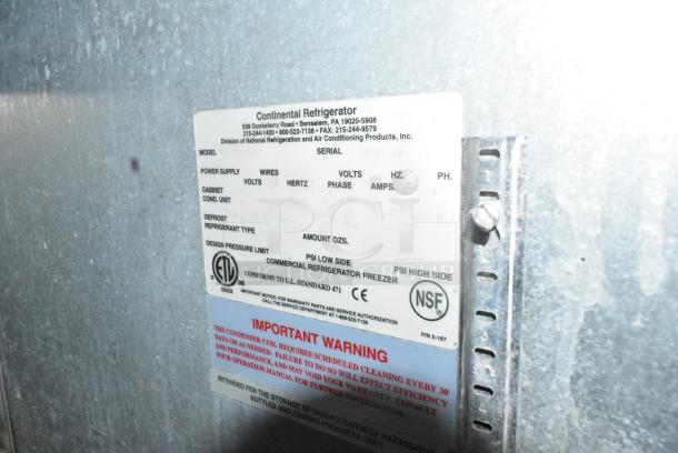 Continental BBC50 Metal Commercial 2 Door Back Bar Cooler Merchandiser. 115 Volts, 1 Phase. Tested and Powers On But Does Not Get Cold - Image 8 of 8
