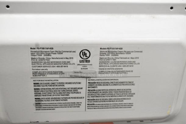 Proctor Silex PS-P70B17AP-KEB Countertop Microwave Oven w/ Plate. 120 Volts, 1 Phase. - Image 7 of 7