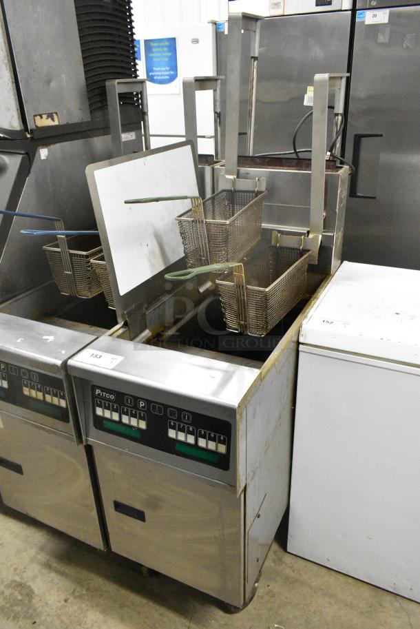 Pitco Frialator SG14R Stainless Steel Commercial Floor Style Natural Gas Powered Deep Fat Fryer w/ 2 Metal Fry Baskets on Commercial Casters. 122,000 BTU. - Image 1 of 8