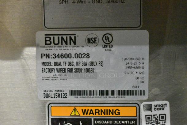 Bunn DUAL TF DBC Stainless Steel Commercial Countertop Double Coffee Machine w/ Hot Water Dispenser and 2 Metal Brew Baskets. 120/208-240 Volts, 1 Phase. - Image 8 of 8