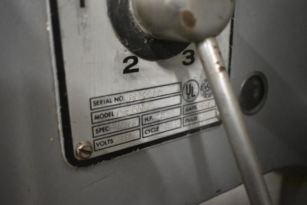 Hobart H-600 Metal Commercial Floor Style 60 Quart Planetary Dough Mixer w/ Metal Mixing Bowl and Dough Hook Attachment. 230 Volts, 1 Phase. - Image 8 of 11