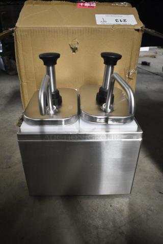BRAND NEW SCRATCH AND DENT! ServSense 651PDS2QT2S Double 2 Qt. Stainless Steel Condiment Dispenser - 2 Stainless Steel Pumps with Adjustable Portion Control