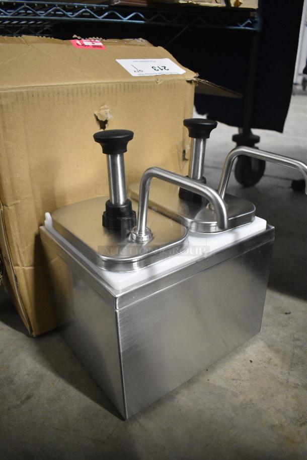 BRAND NEW SCRATCH AND DENT! ServSense 651PDS2QT2S Double 2 Qt. Stainless Steel Condiment Dispenser - 2 Stainless Steel Pumps with Adjustable Portion Control - Image 2 of 9