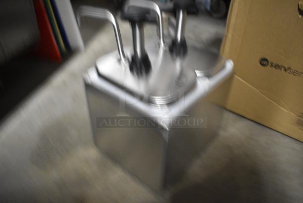 BRAND NEW SCRATCH AND DENT! ServSense 651PDS2QT2S Double 2 Qt. Stainless Steel Condiment Dispenser - 2 Stainless Steel Pumps with Adjustable Portion Control - Image 4 of 9