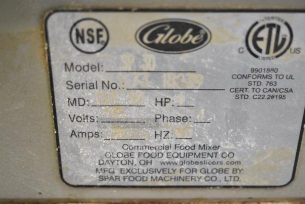 Globe SP30 Metal Commercial Floor Style 30 Quart Planetary Dough Mixer w/ Mixing Bowl, Dough Hook and Whisk Attachments. 115 Volts, 1 Phase. Cannot Test - Unit Was Previously Hardwired - Image 5 of 7