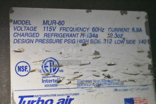 Turbo Air MUR-60 Stainless Steel Commercial 2 Door Undercounter Cooler. 115 Volts, 1 Phase. Tested and Working! - Image 5 of 6