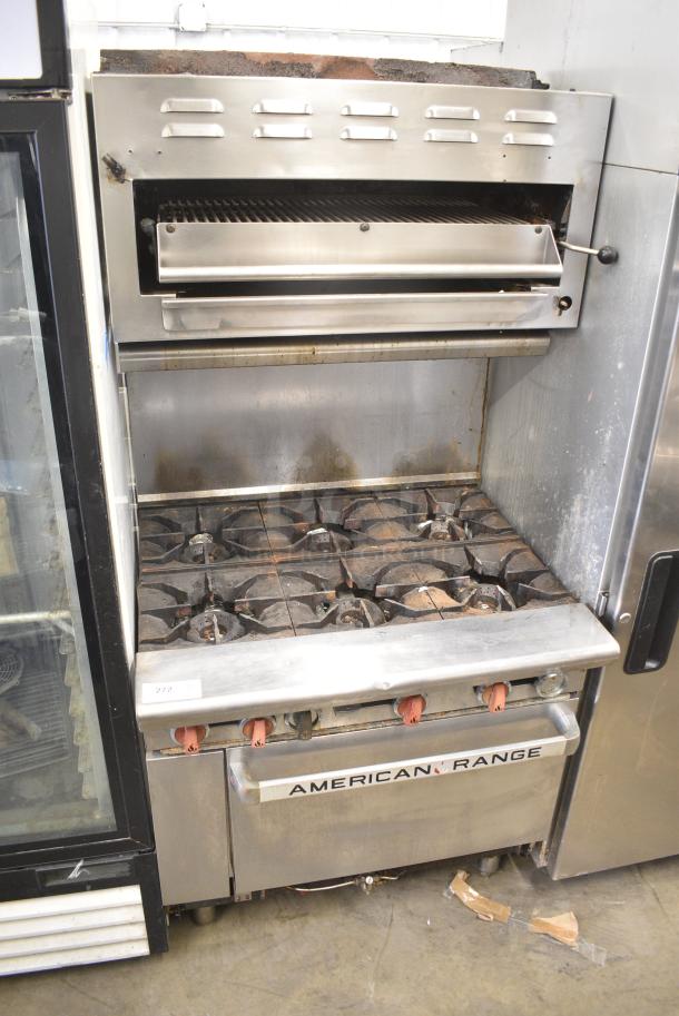 American Range Stainless Steel Commercial Natural Gas Powered 6 Burner Range w/ Cheese Melter and Oven. - Image 1 of 9