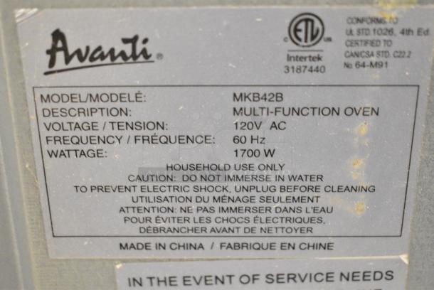 Avanti MKB42B Metal Countertop Electric Powered Toaster Oven. 120 Volts, 1 Phase. - Image 6 of 7